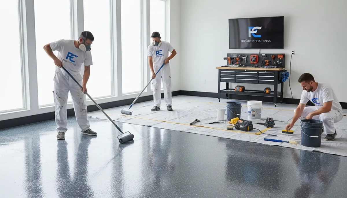 Epoxy garage floor coating in Anaheim CA by professional house painters for durable, glossy finish