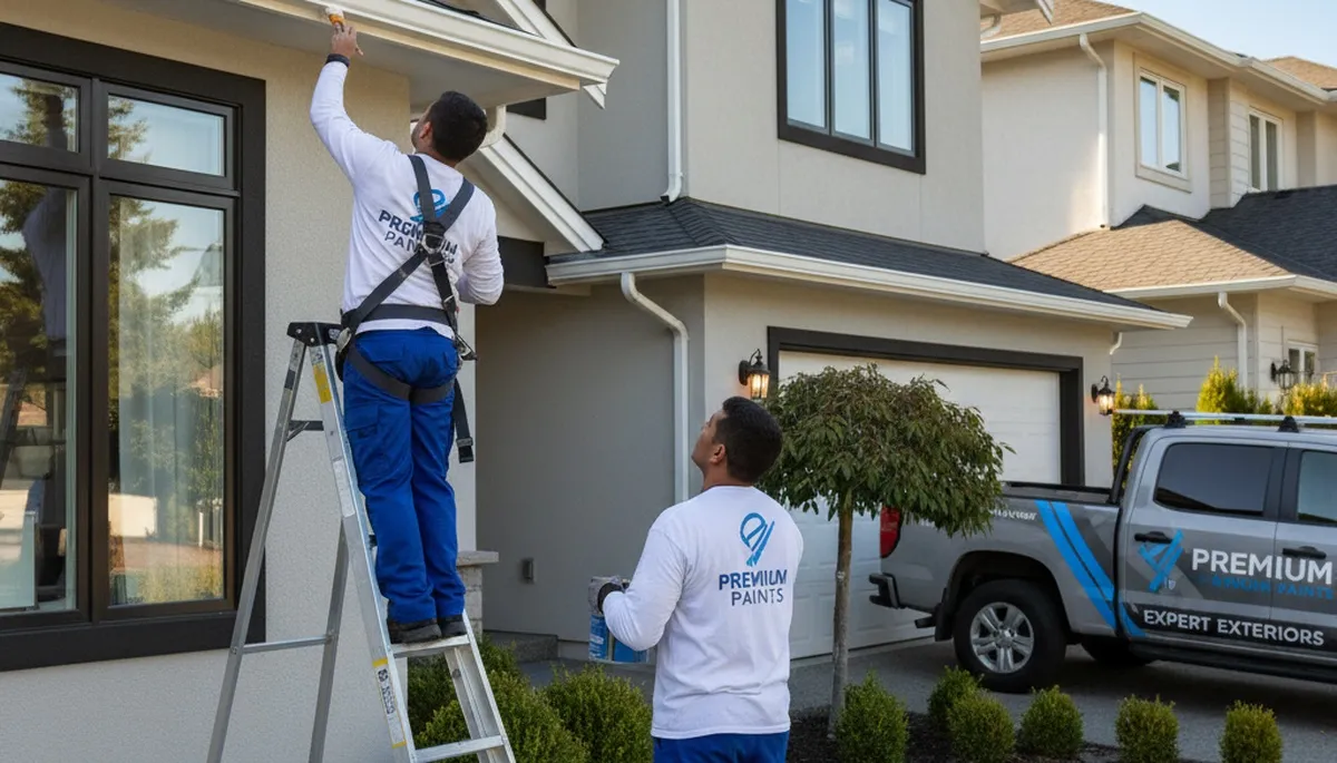 Professional painters applying durable gutter paint on Anaheim CA home exterior