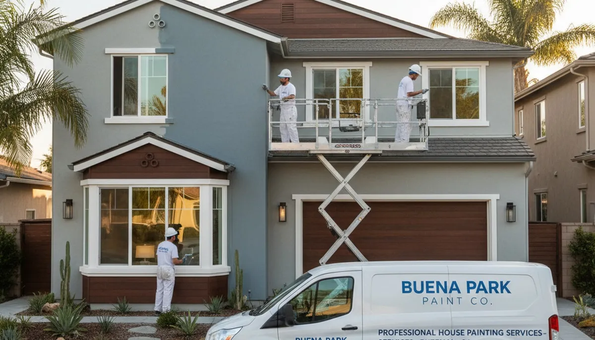 Professional house painter applying exterior paint to Anaheim CA home façade