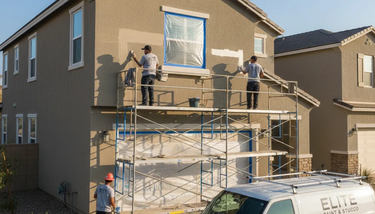Professional stucco repair on Anaheim, CA home exterior by expert house painters