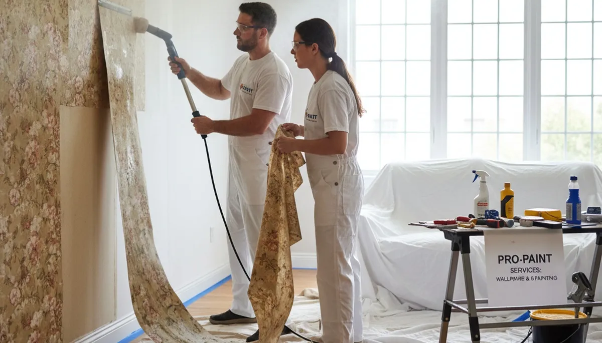 Professional wallpaper removal service in Anaheim, CA preparing walls for fresh interior painting